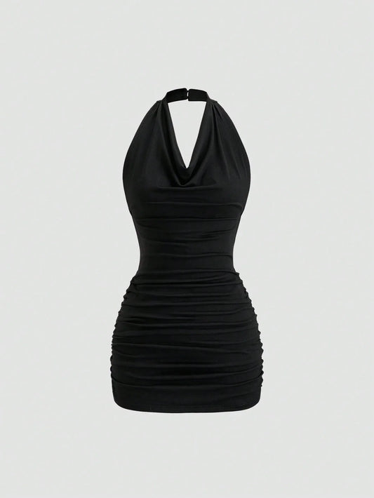 Black Plunging Neck Halter Tie Back Sleeveless Bodycon Mini Dress