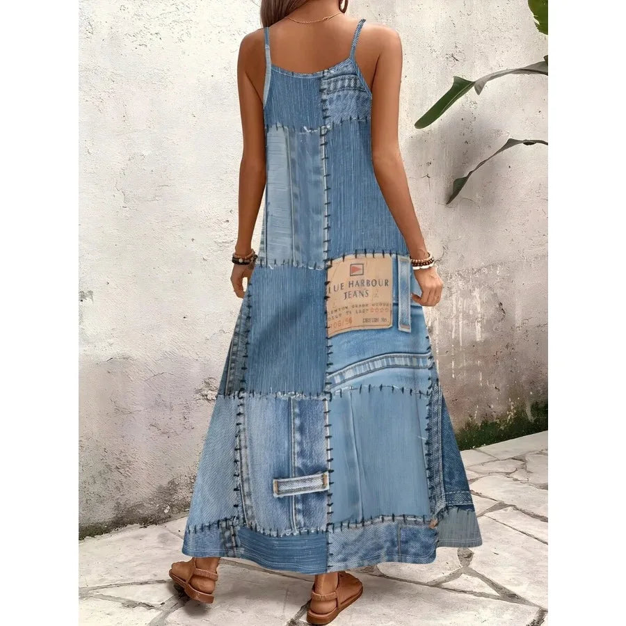 【New style】A Piece Of Retro Denim Patchwork Textured Knitted V-Neck Spaghetti Strap Dress, A Women's Outfit For Summer Casual O