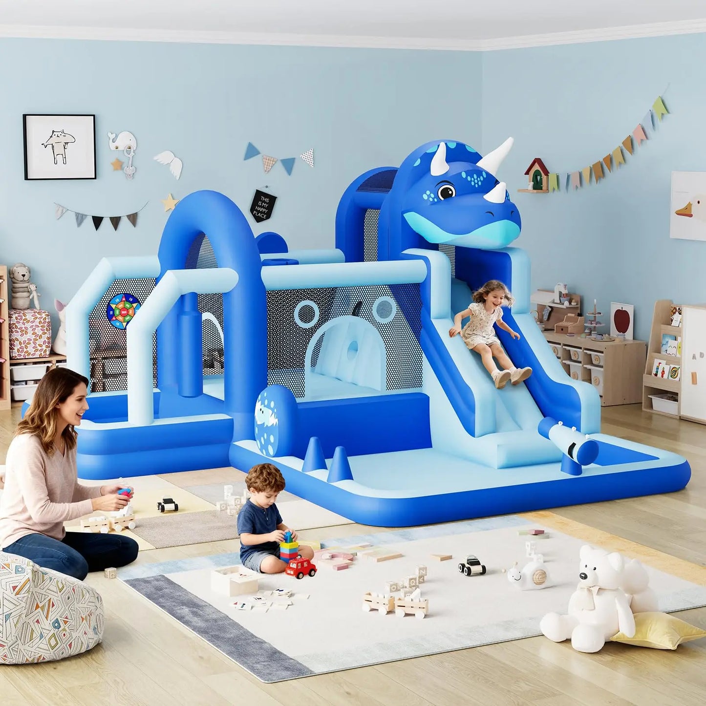 Inflatable Dinosaur Bounce House With Slide & Air Blower Oxford Cloth Jumping Castle For Kids Backyard Indoor Outdoor Family Fun