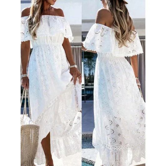 【New style】Summer Dress White Eyelet Embroidery Off Shoulder Waist Flowy Maxi Dress Fresh Vacation Style