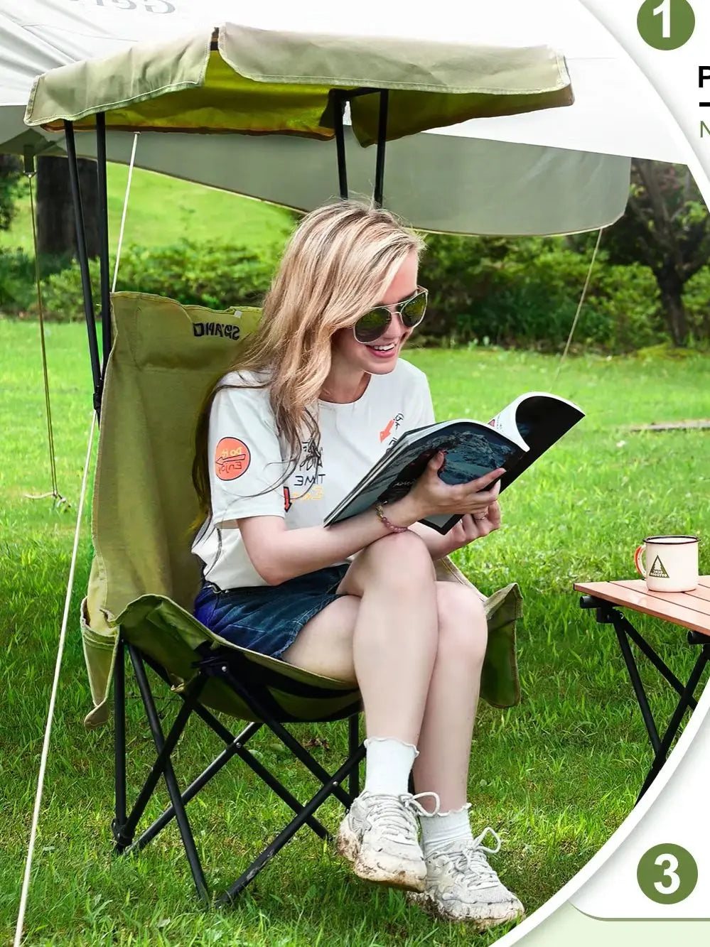 YOUNG WOOD Portable Camping Chair Beach Chair with Shade Canopy, Fold Lightweight Oversized for All, Easy to Open and Close