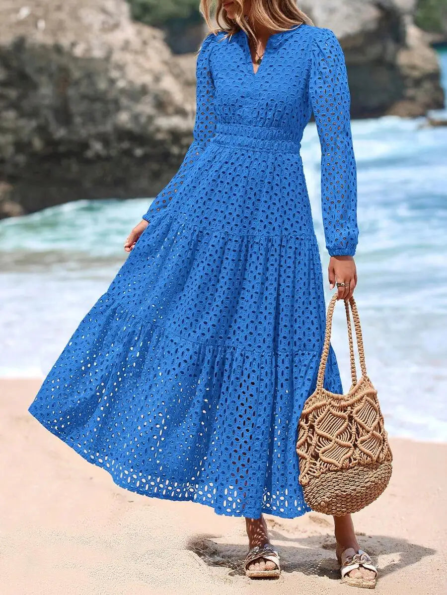 Women's Blue Eyelet Maxi Dress with V-Neck, Short Sleeves, A-Line Flowy Skirt