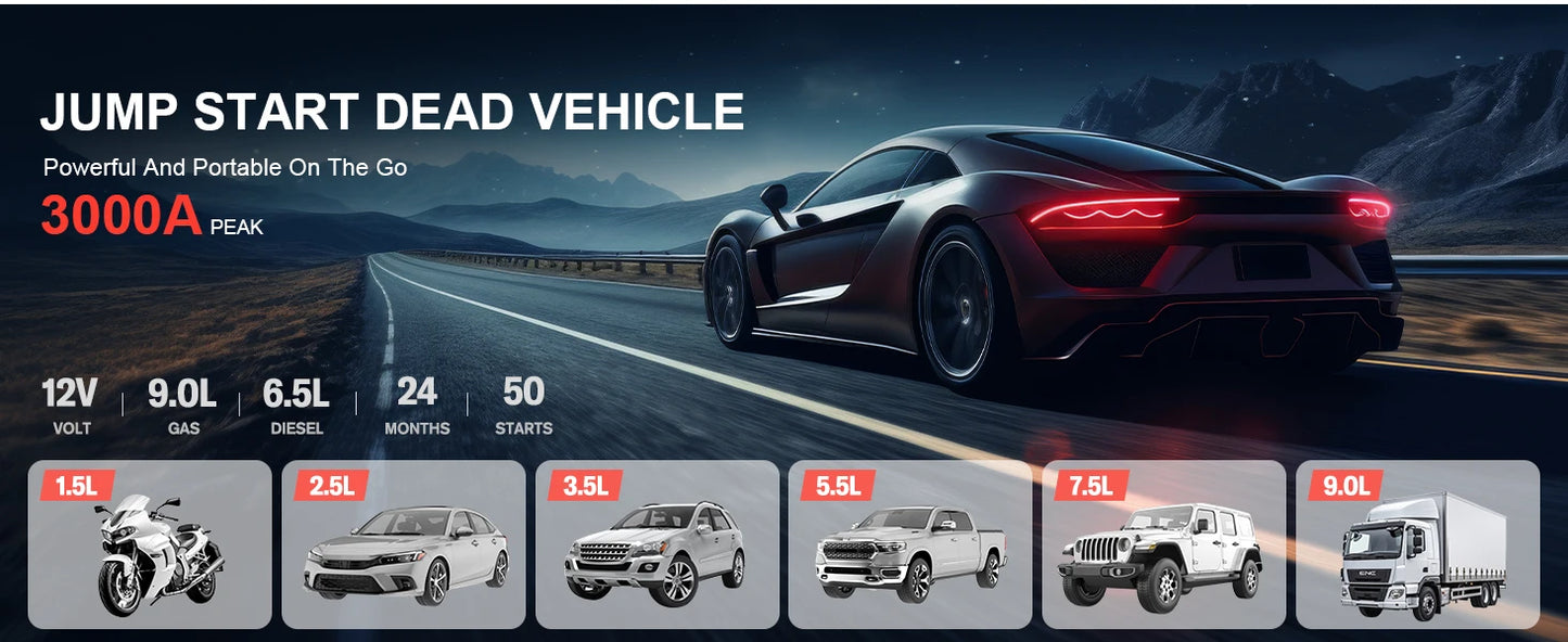 GOOLOO A3 Jump Starter with Air Compressor, 3000A Portable Car Battery Booster (9.0 Gas/6.5L Diesel) with 150PSI Auto-Shutoff Ti