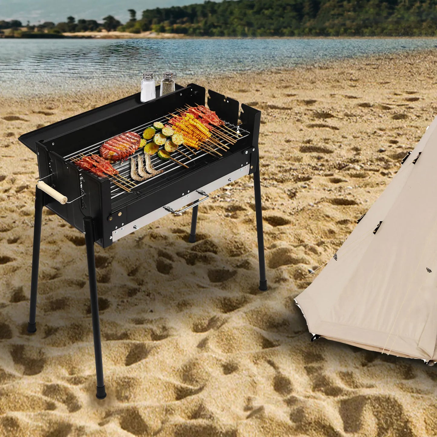 Barbecue Charcoal Grill Stainless Steel Folding Portable BBQ Tool Kits for Outdoor Cooking Camping or Any Outdoor Event
