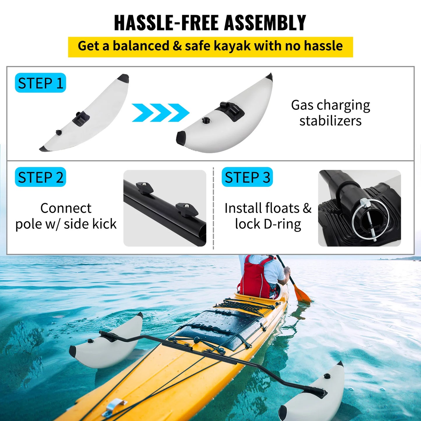SucceBuy 2 PCS Kayak Outrigger Stabilizers PVC Inflatable Outrigger Float with Sidekick Arms Rod Fit for Canoes, Fishing Boats