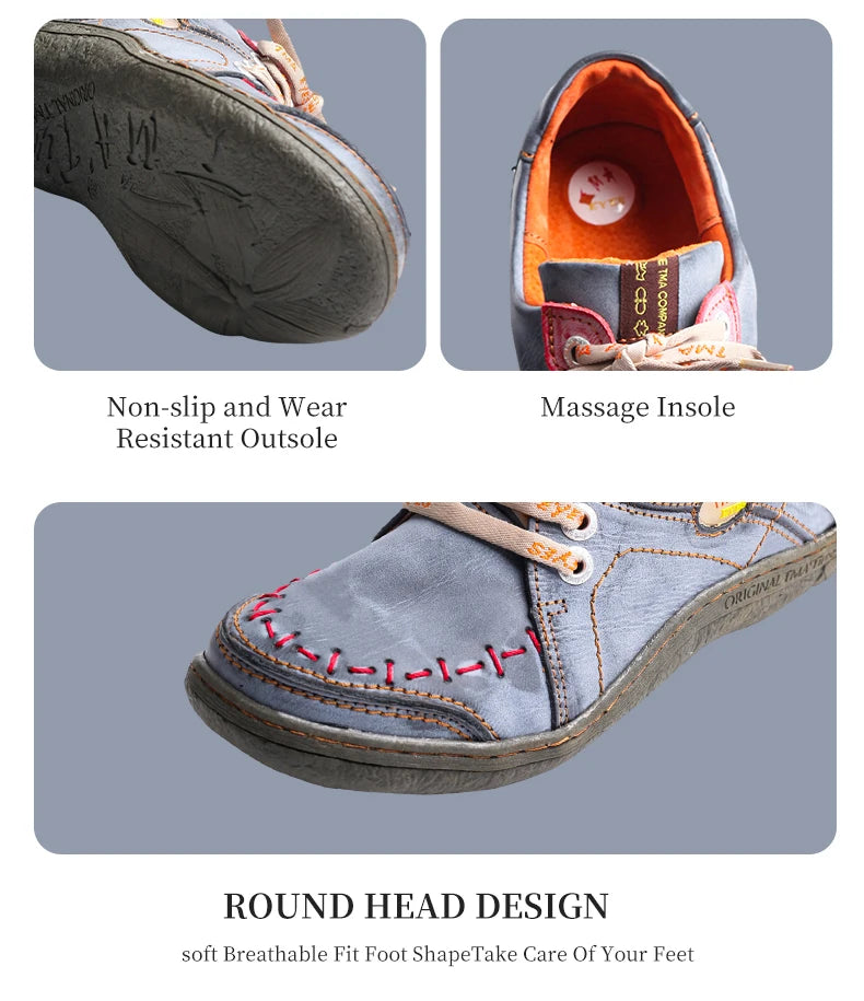 TMA EYES Women's Hand-Stitched Leather Sneakers Lightweight Flat Design Shoes Comfortable Breathable Upper Leather Sole
