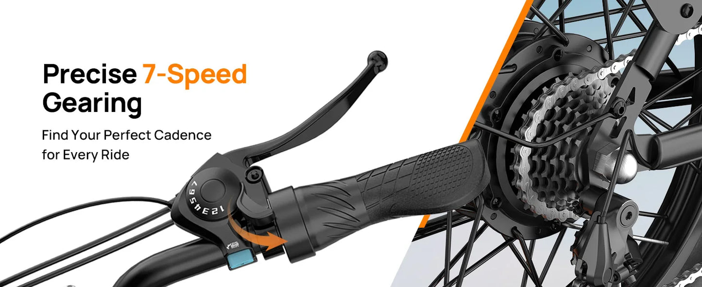 URLIFE 1000W E20 Electric Bike | 48V 13Ah Removable Battery, 20MPH, 20''X3" Fat Tire, 7-Speed E-Bike with Dual Disc Brake