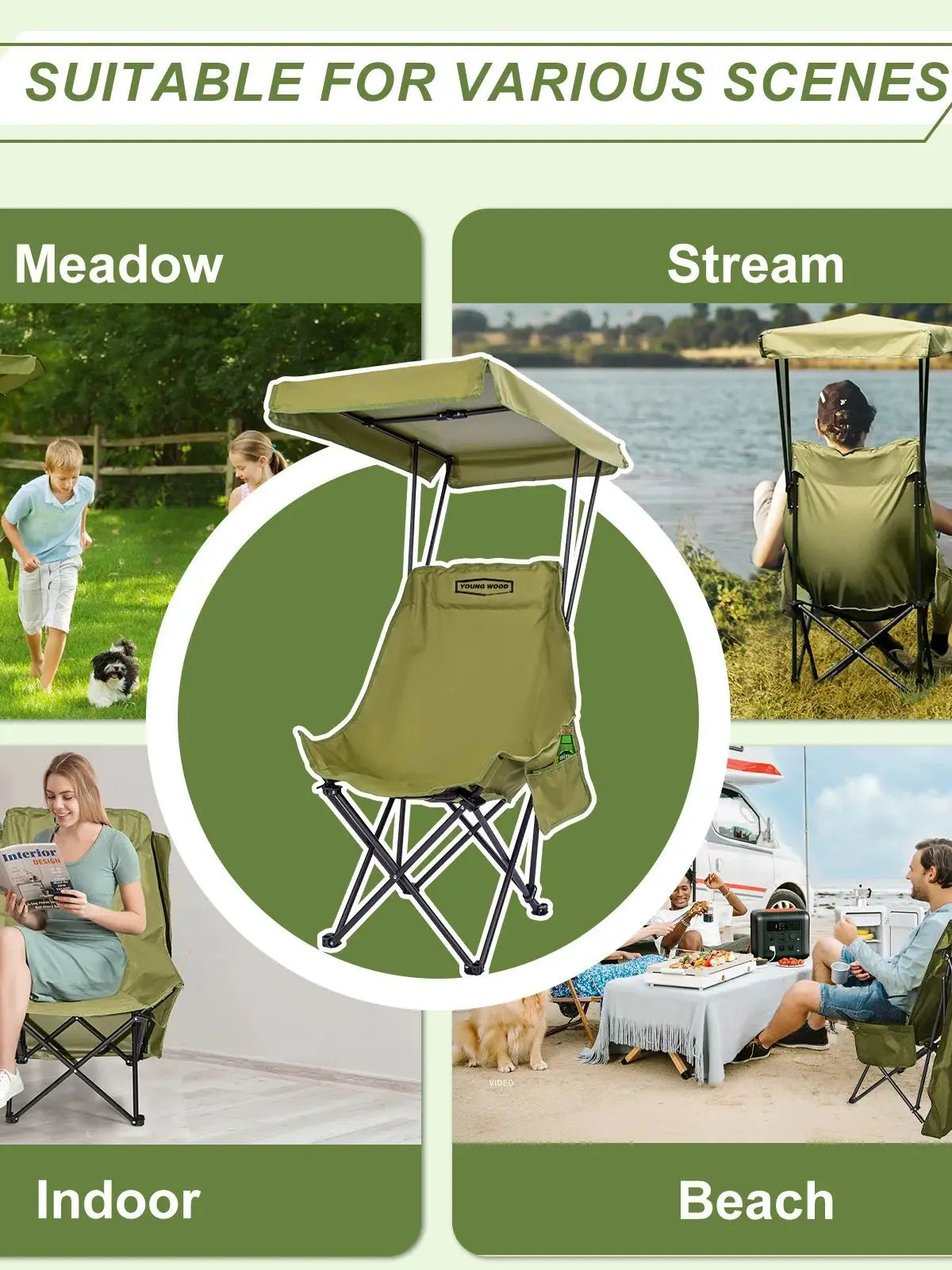 YOUNG WOOD Portable Camping Chair Beach Chair with Shade Canopy, Fold Lightweight Oversized for All, Easy to Open and Close