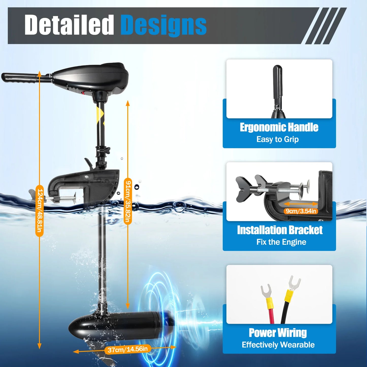 Electric Trolling Motor 12v 80lbs Thrust, 5 Forward/3 Reverse Gears, Pure Copper Motor, 1900r/Min, Adjustable Handle