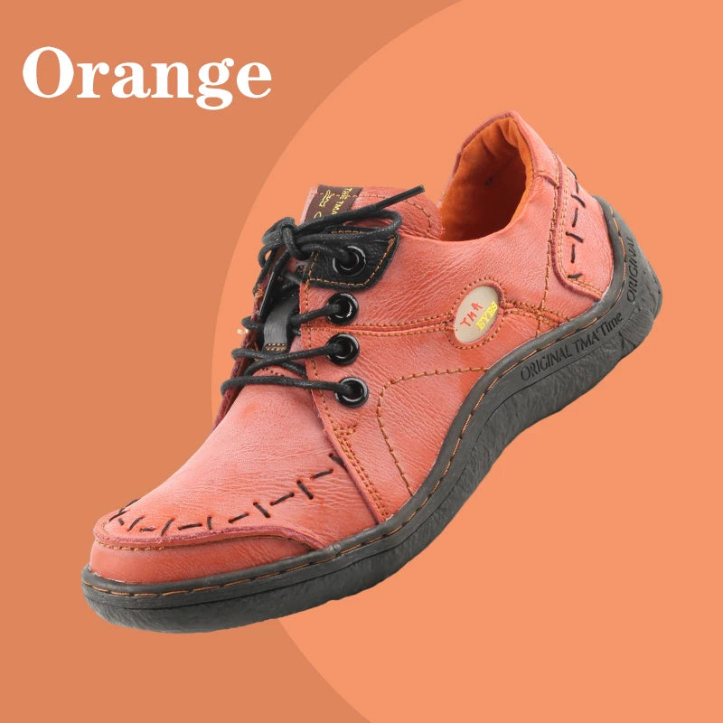 TMA EYES Women's Hand-Stitched Leather Sneakers Lightweight Flat Design Shoes Comfortable Breathable Upper Leather Sole