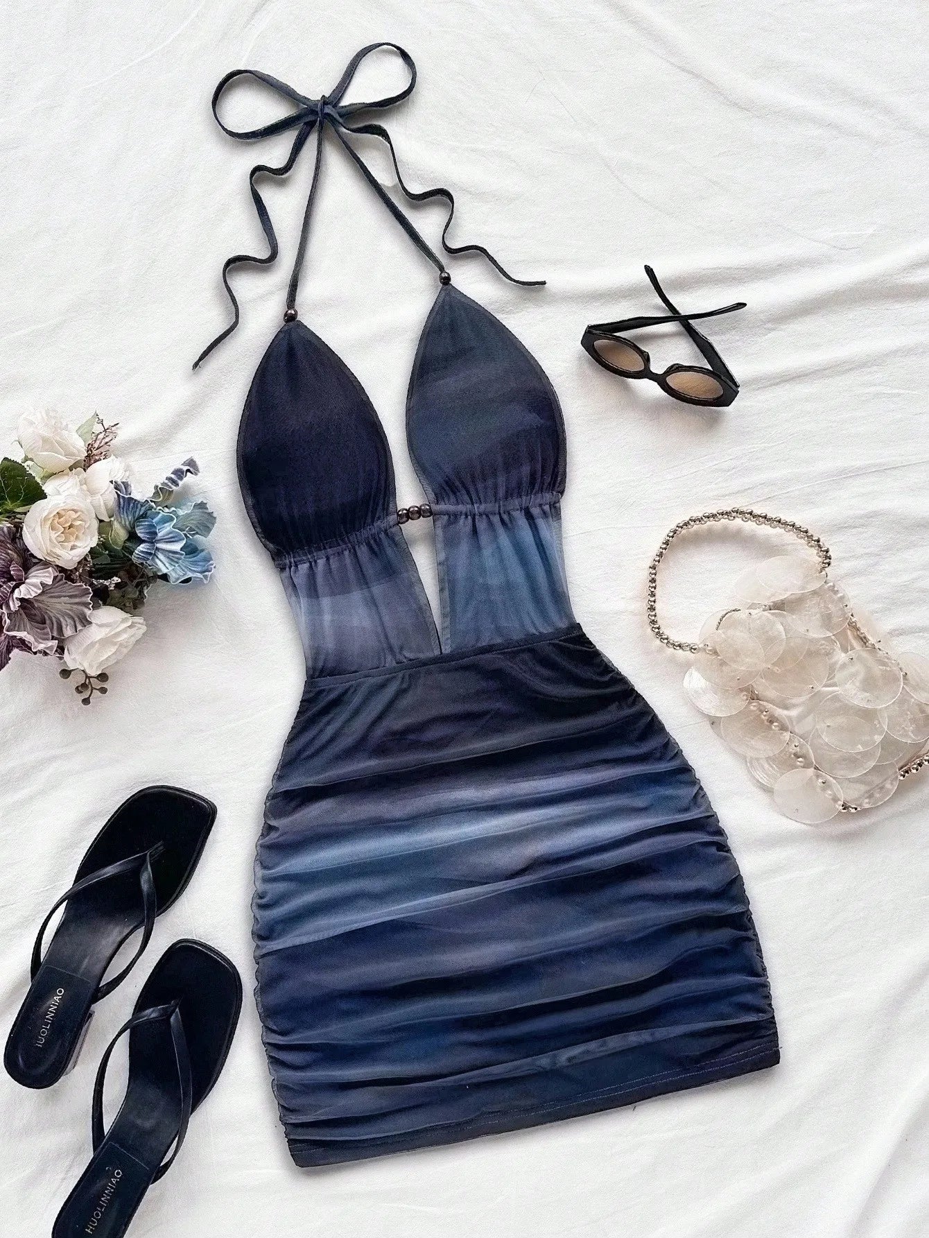 Soleia Women's Vacation Blue & White Floral Print Deep V Neck Tie Strap Backless Ruched Bodycon Mini Dress, Suitable For Party,