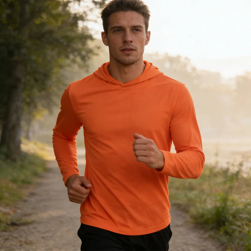 5pcs Men's T-shirt Sports Long Sleeved Shirts Hooded Solid Color Breathable Casual Shirt Suitable for Running And Fitness