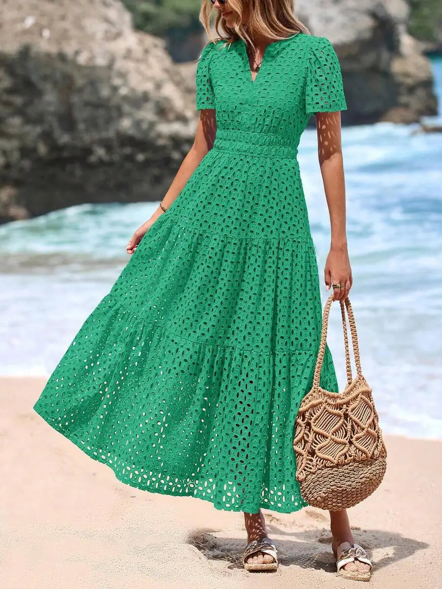 Women's Blue Eyelet Maxi Dress with V-Neck, Short Sleeves, A-Line Flowy Skirt