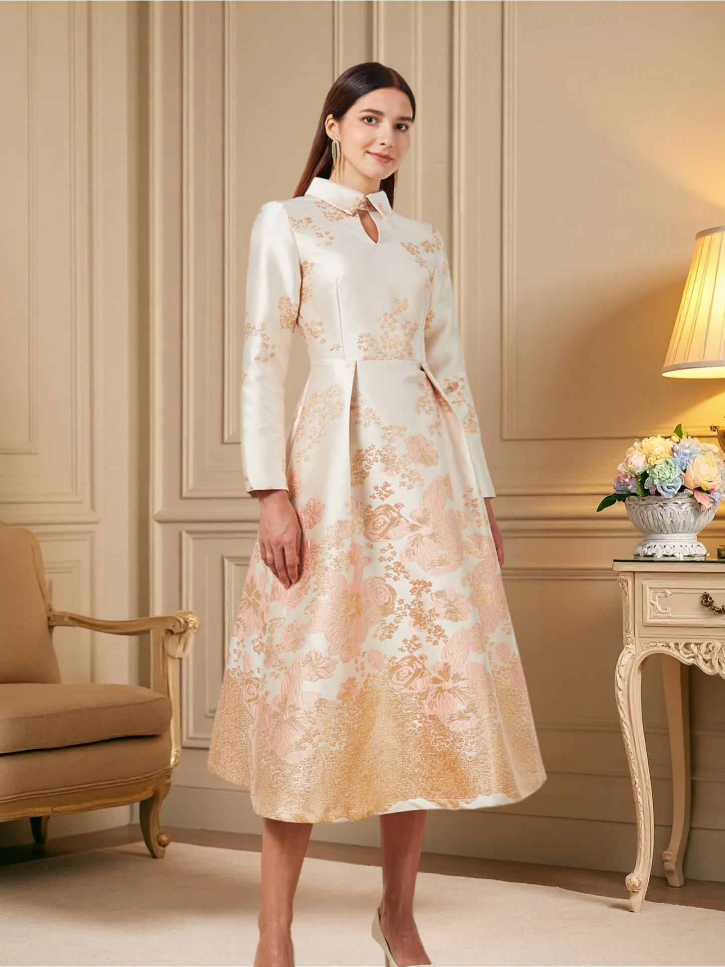 Champagne Pink Gradient Jacquard Dress with Mandarin Collar Lace-Up Waist Flared Hem — Light Luxury Banquet Gown