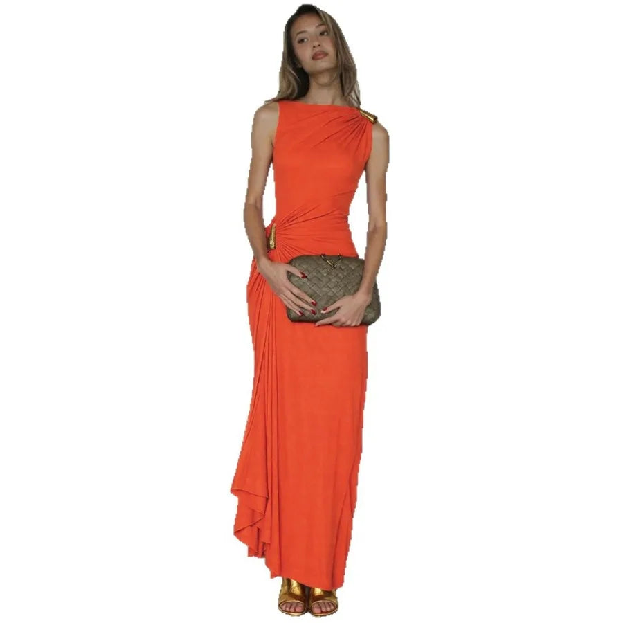 【New style】New European and American - women's clothing fashionable sexy slim metal decoration bag hip pleated sleeveless dress