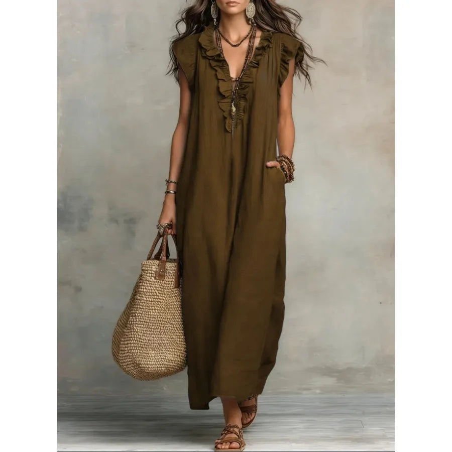European and American solid color sleeveless v-neck holiday dress women's - 2026 spring and summer pocket ruffled temperament d
