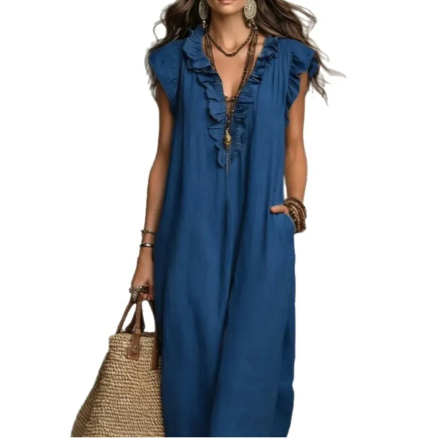 European and American solid color sleeveless v-neck holiday dress women's - 2026 spring and summer pocket ruffled temperament d