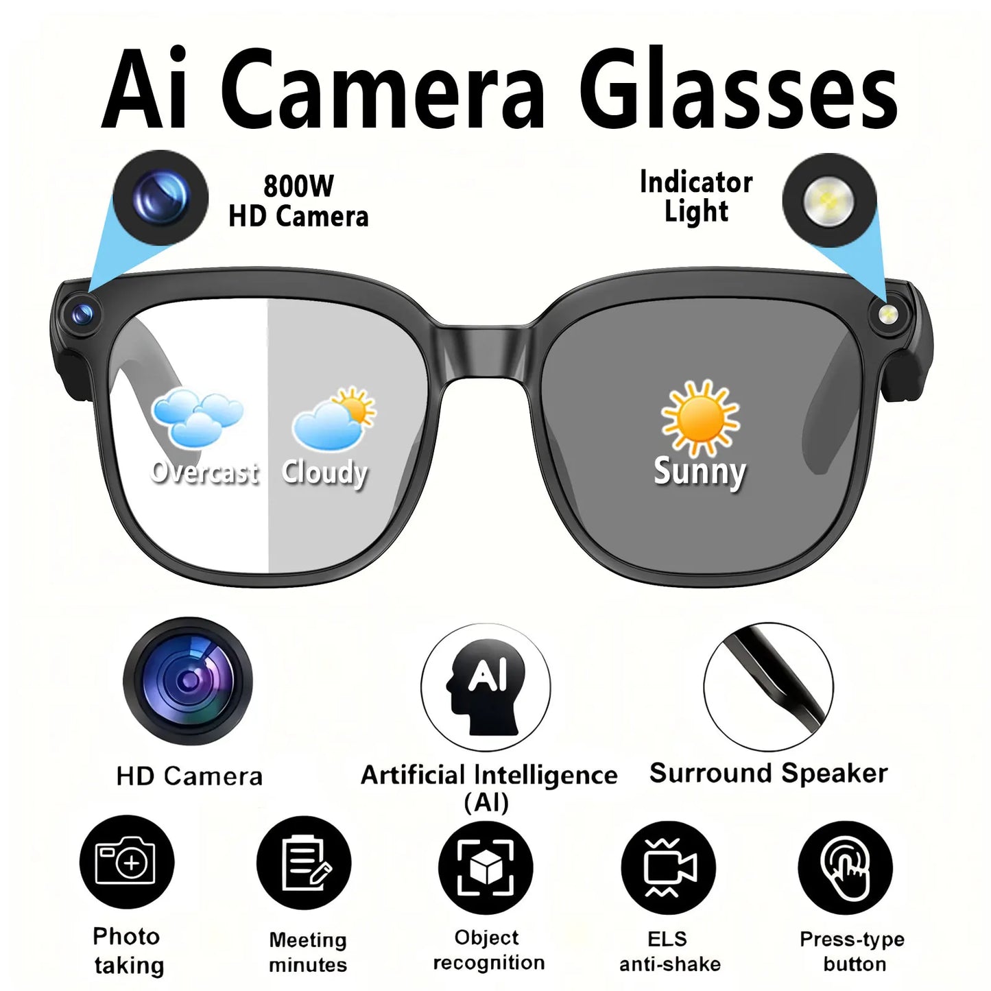 New 8-megapixel HD camera glasses with 1080p HD video recording and photo capture featuring image stabilization