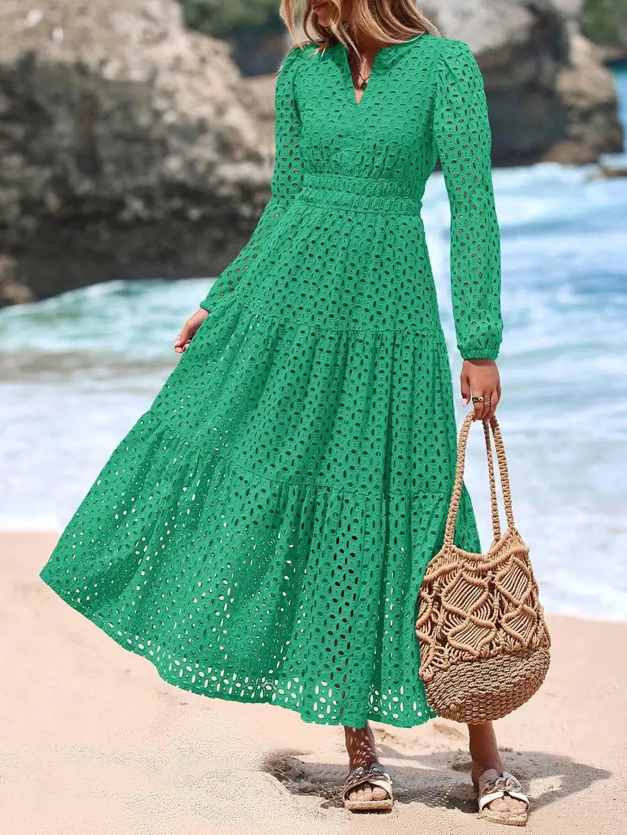 Women's Blue Eyelet Maxi Dress with V-Neck, Short Sleeves, A-Line Flowy Skirt