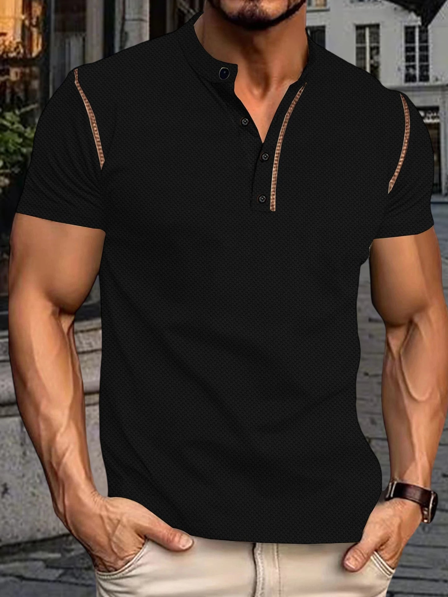 Men s  Fit Henley Short Sleeve T-Shirt with Contrast Stitching Casual Summer Top for Streetwear Style