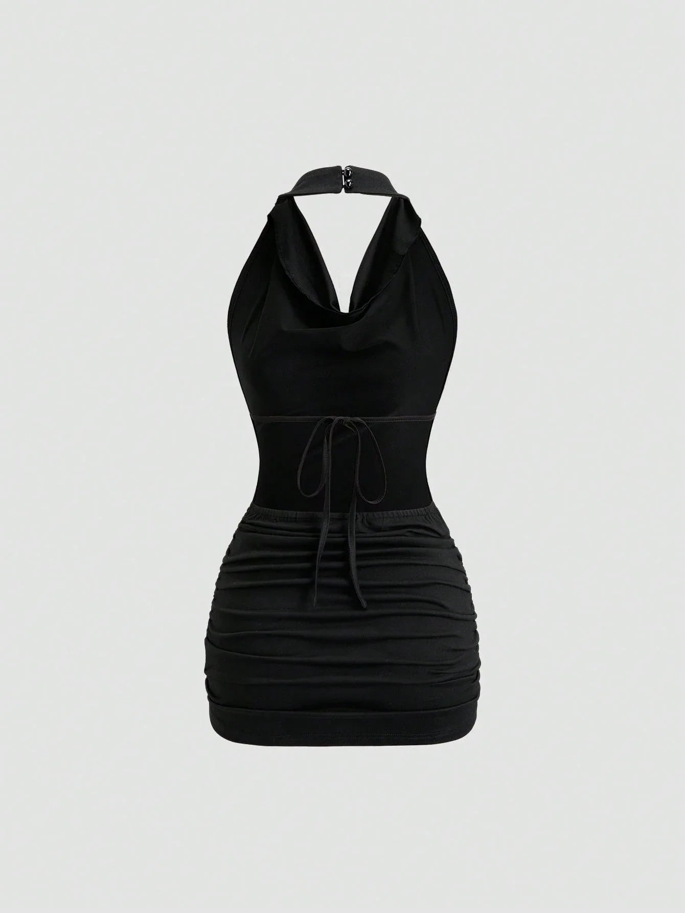 Black Plunging Neck Halter Tie Back Sleeveless Bodycon Mini Dress