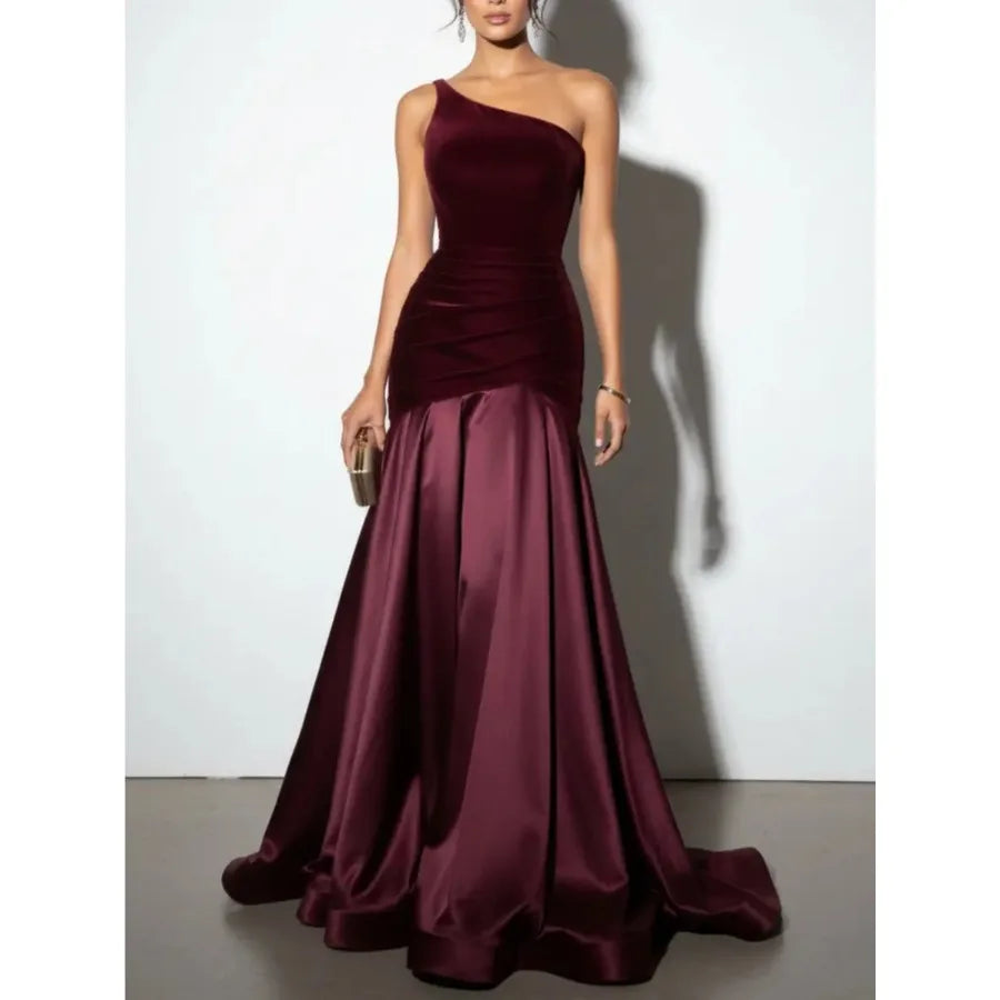 Women's Luxurious -Neck Off-Shoulder Evening Gown - Bodycon A-Line Dress with Rhinestone Side Split Hem Machine Washable Suitab