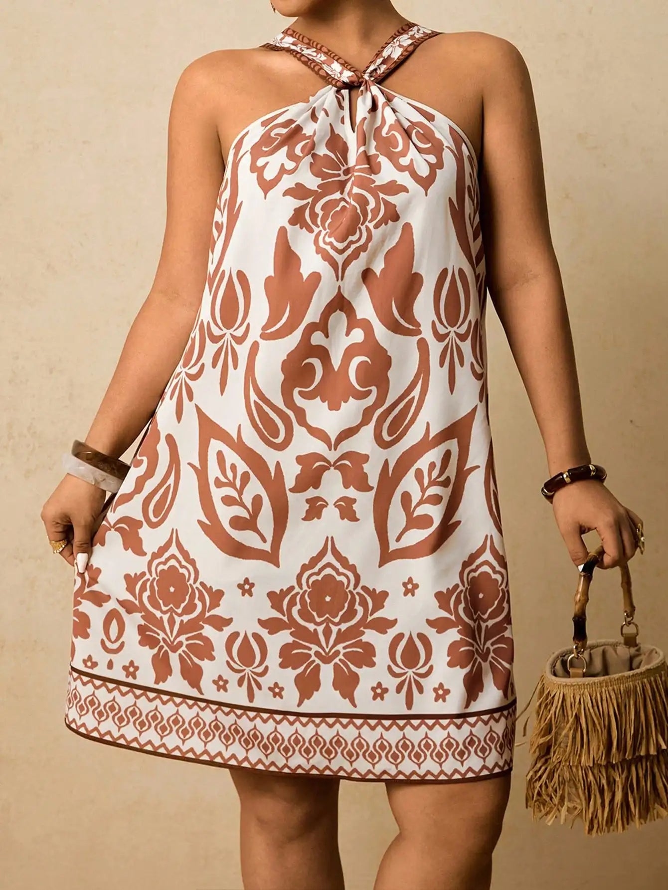 Boho Tropical Print Halter Backless Mini Dress For Summer Beach Holiday