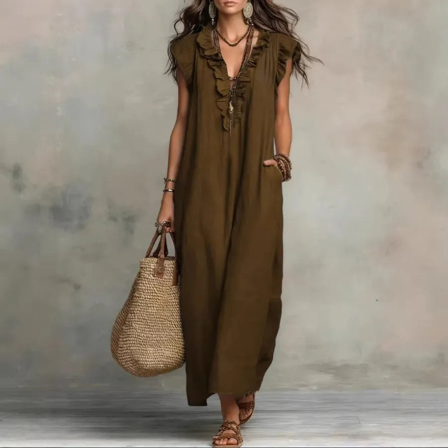 European and American solid color sleeveless v-neck holiday dress women's - 2026 spring and summer pocket ruffled temperament d