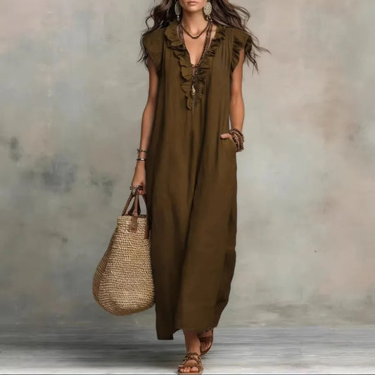 European and American solid color sleeveless v-neck holiday dress women's - 2026 spring and summer pocket ruffled temperament d
