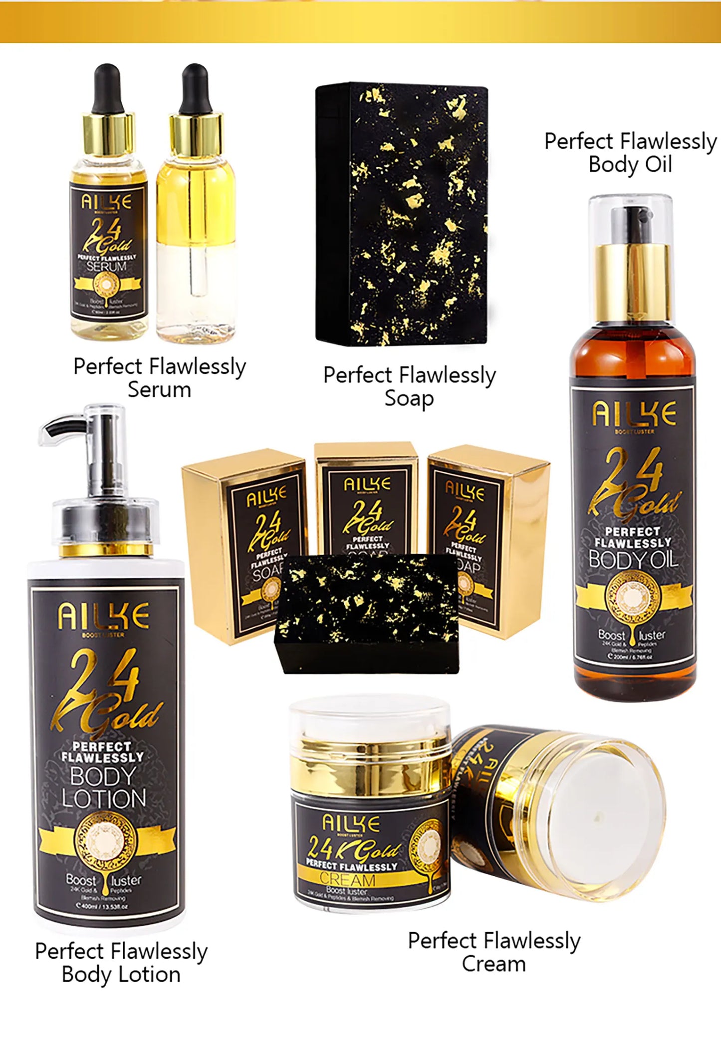 AILKE 24K Glod Flawlessly Skin Care Range, Skin Whitener, Reduce Dark Spots, Melanin, Wrinkles, Moisturize, For Women & Men
