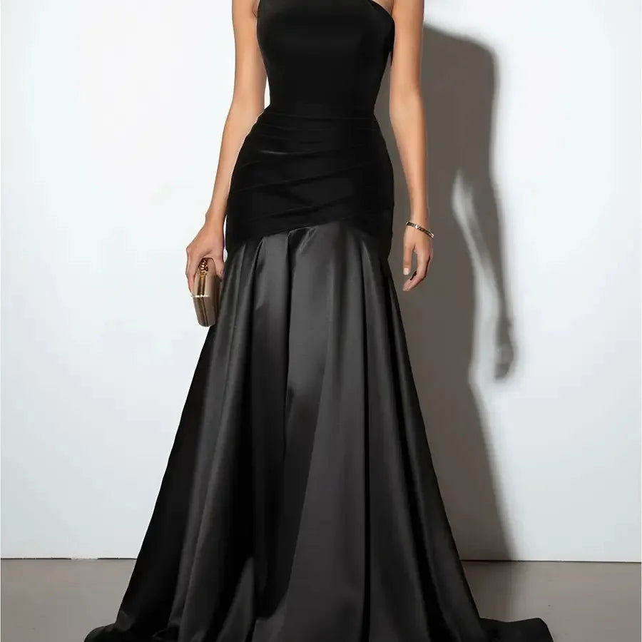 Women's Luxurious -Neck Off-Shoulder Evening Gown - Bodycon A-Line Dress with Rhinestone Side Split Hem Machine Washable Suitab