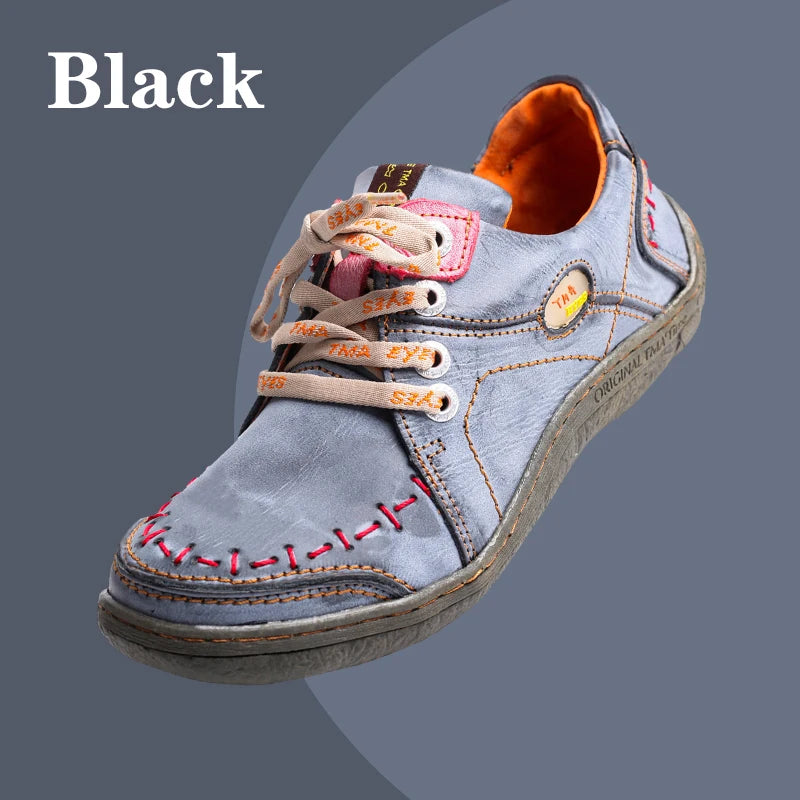 TMA EYES Women's Hand-Stitched Leather Sneakers Lightweight Flat Design Shoes Comfortable Breathable Upper Leather Sole