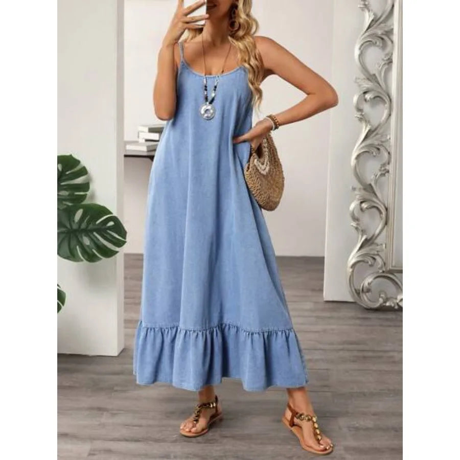 【New style】 LUNE Women's Casual Denim Dress With Ruffle Hem, Adjustable Spaghetti Straps, Summer