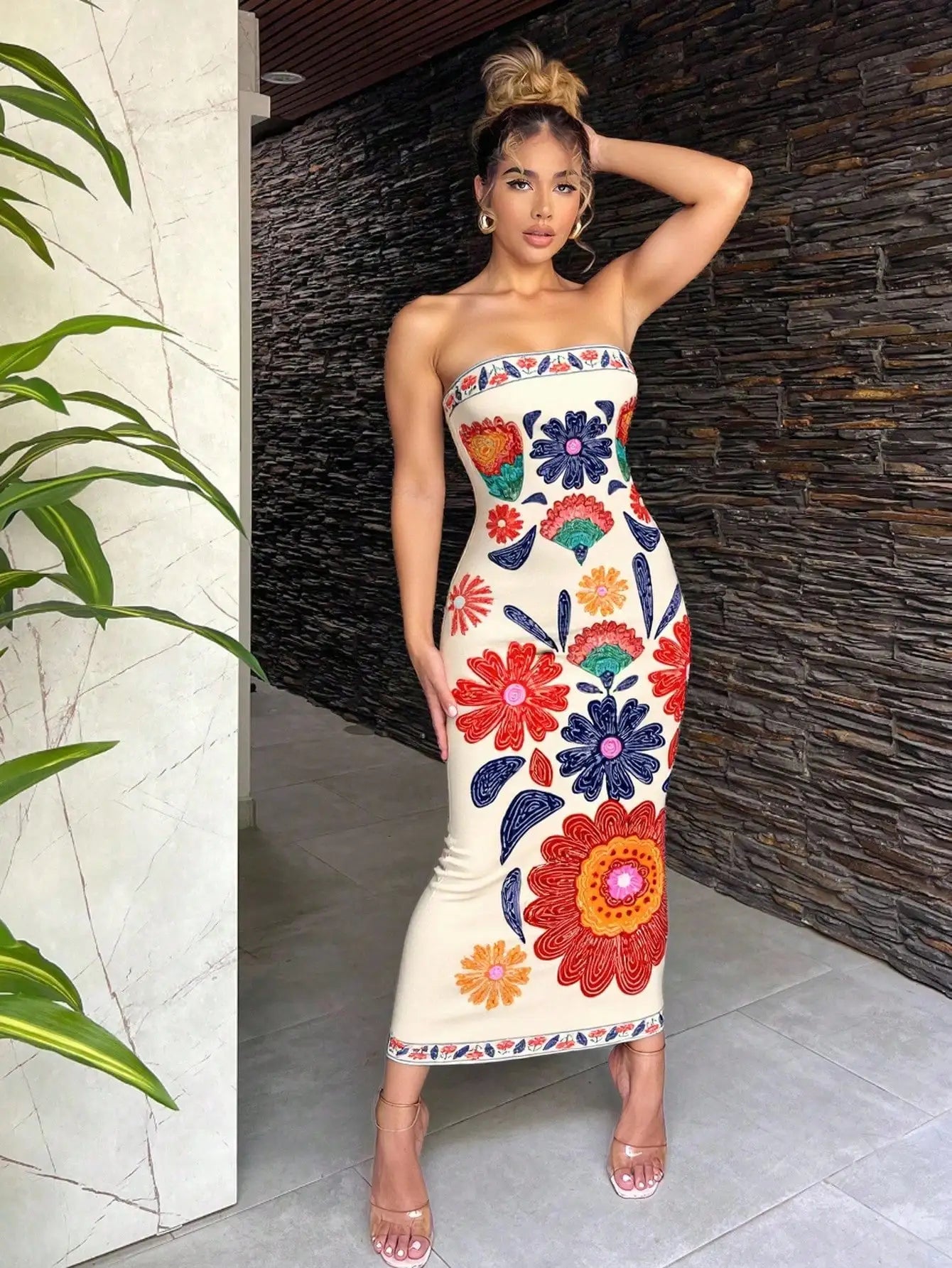 Sexy Retro Bohemian Green Tropical Print Strapless Bodycon Midi Dress For Vacation Beach Resort