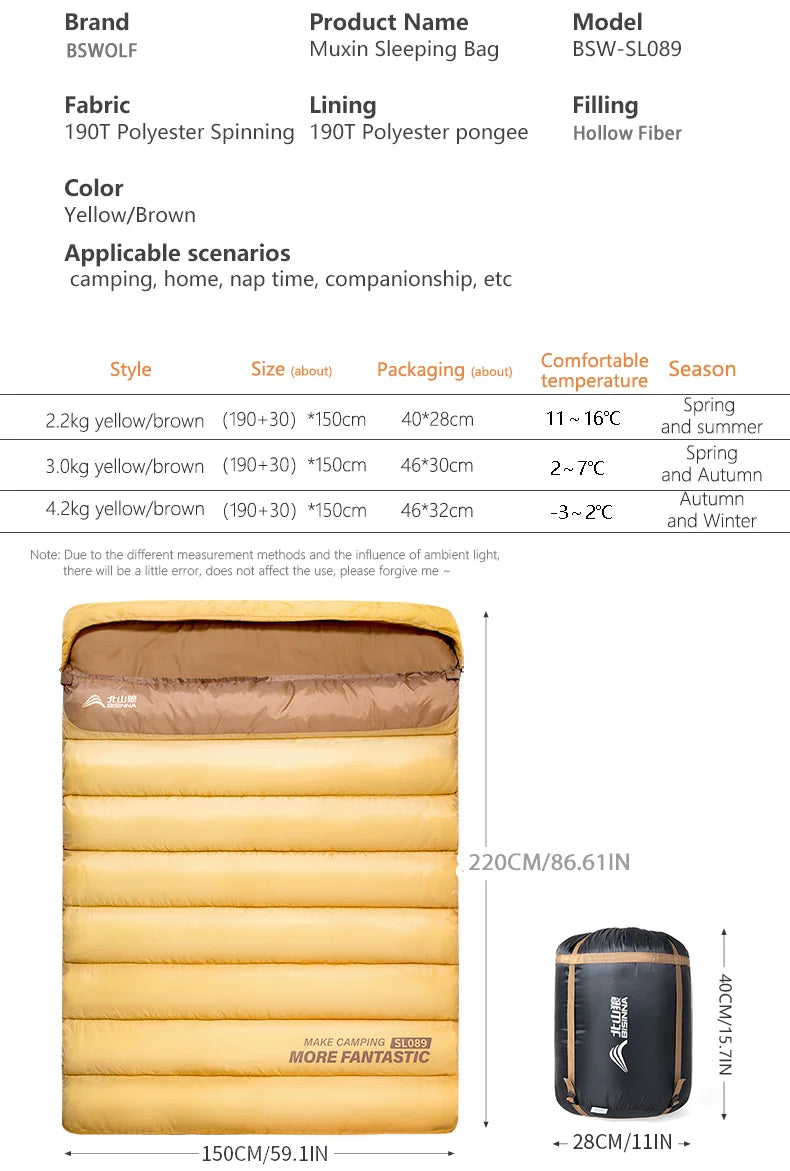 BSWOLF 2 Person Camping Sleeping Bag Four Seasons Portable Winter Sleeping Bag for Outdoor Camp Travel Hiking