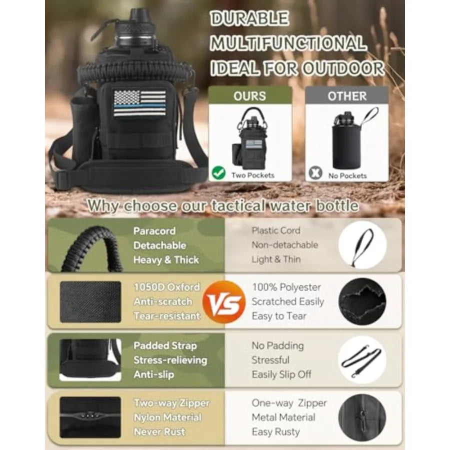 64 oz Insulated Water Bottle with Sleeve Half Gallon Metal Gym Water Jug for Men Women Black