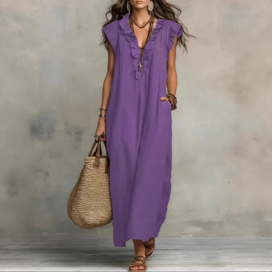 European and American solid color sleeveless v-neck holiday dress women's - 2026 spring and summer pocket ruffled temperament d