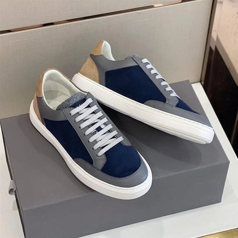2025 New Luxury Men's Low Top Sneakers Leather Patchwork Minimalist Round Toe Casual Versatile Best Seller Footwear