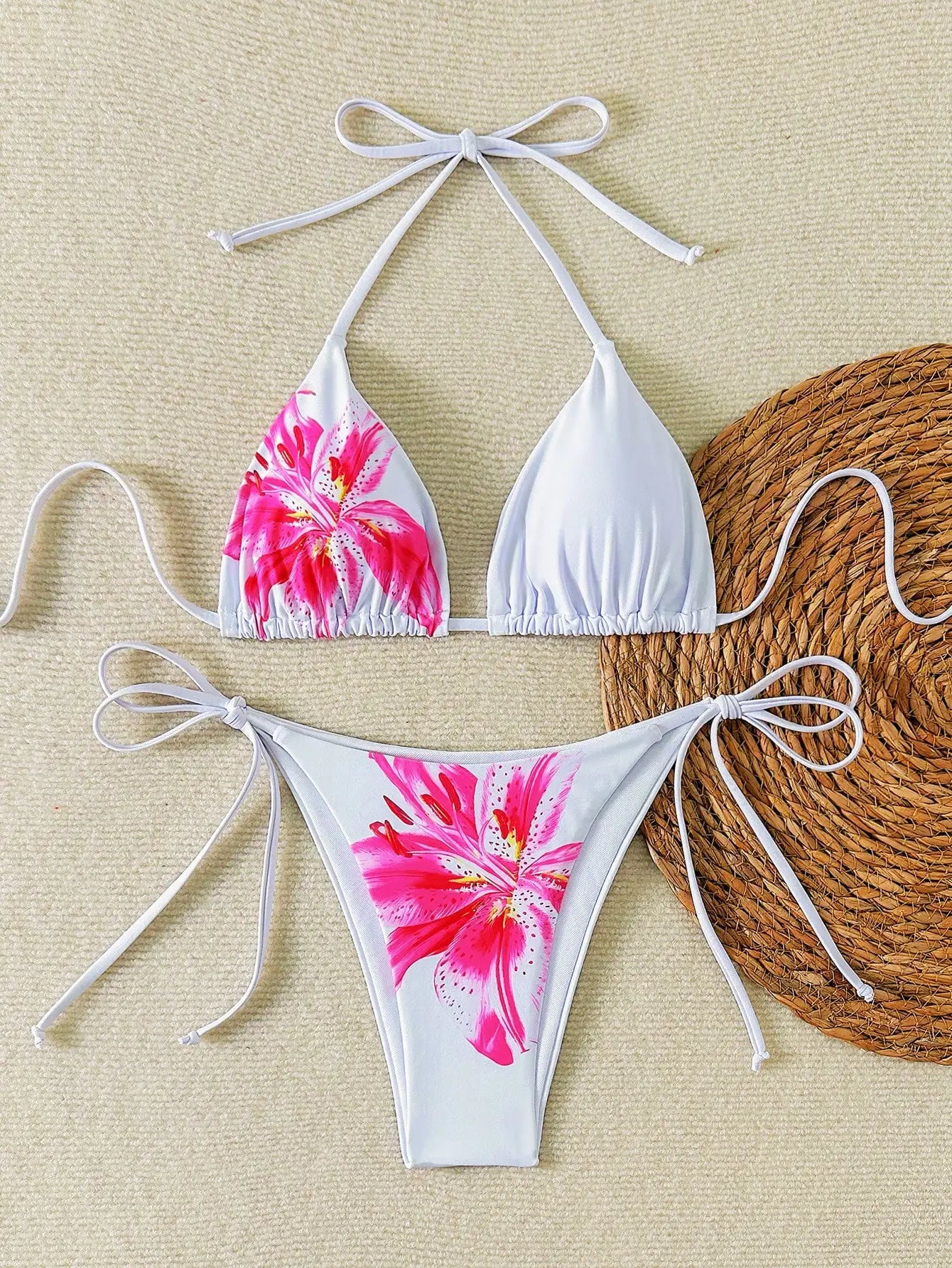 Women's Floral Print Bikini Set with Tie-Up Triangle Top & Side-Tie Bottom, Summer Beachwear
