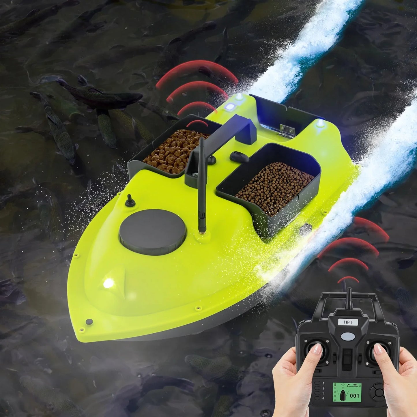 Long-Lasting Remote Control Bait Boat 2*5200mAh Batteries (90min Use) & 1968ft Range, LCD Screen For Easy Operation