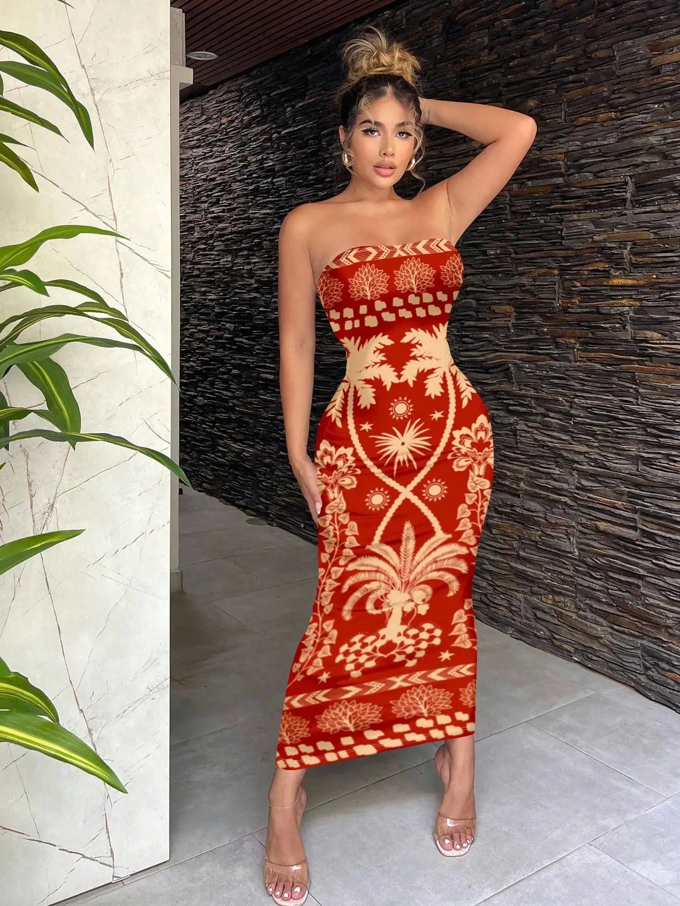 Sexy Retro Bohemian Green Tropical Print Strapless Bodycon Midi Dress For Vacation Beach Resort