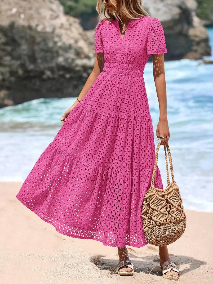 Women's Blue Eyelet Maxi Dress with V-Neck, Short Sleeves, A-Line Flowy Skirt