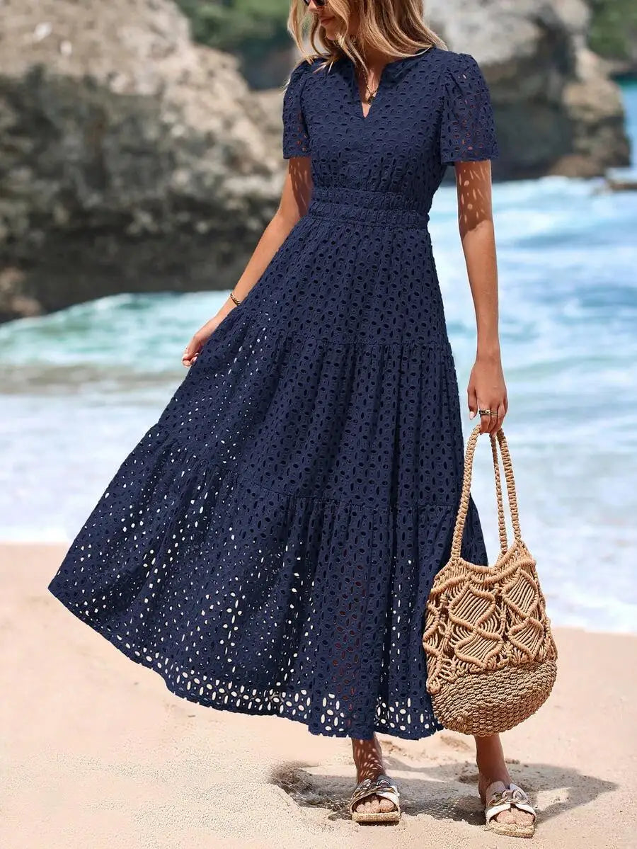 Women's Blue Eyelet Maxi Dress with V-Neck, Short Sleeves, A-Line Flowy Skirt