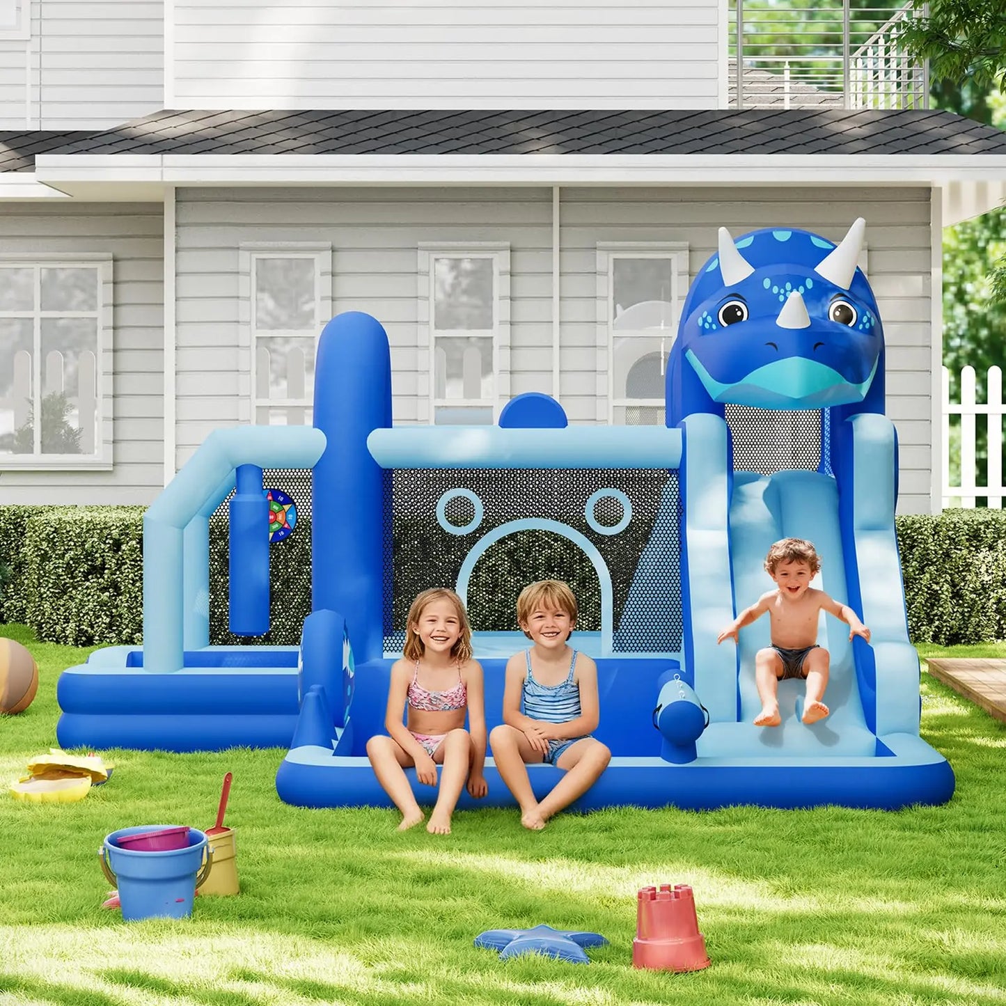 Inflatable Dinosaur Bounce House With Slide & Air Blower Oxford Cloth Jumping Castle For Kids Backyard Indoor Outdoor Family Fun