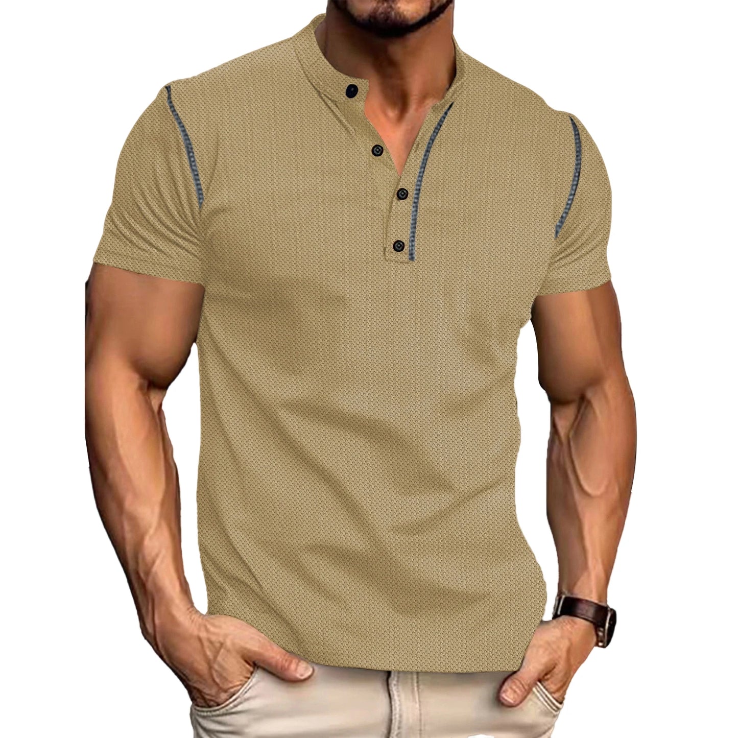 Men s  Fit Henley Short Sleeve T-Shirt with Contrast Stitching Casual Summer Top for Streetwear Style