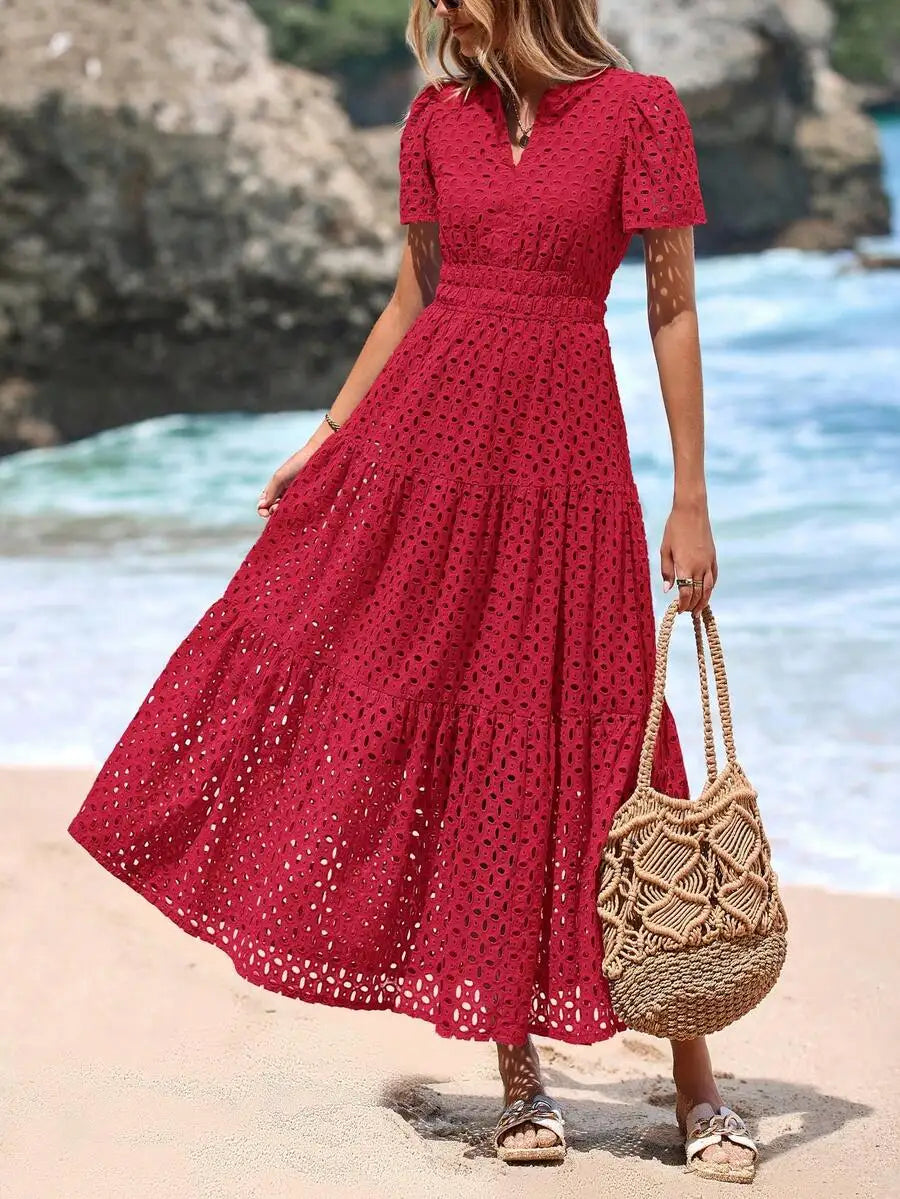 Women's Blue Eyelet Maxi Dress with V-Neck, Short Sleeves, A-Line Flowy Skirt