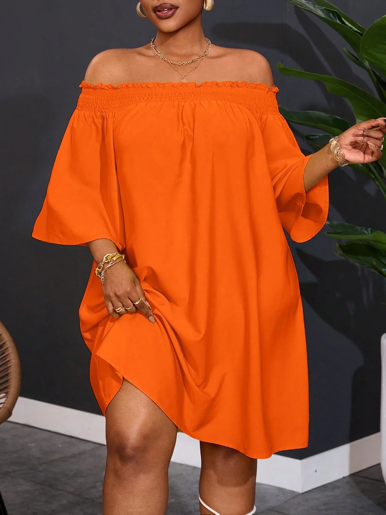 Off Shoulder Orange A-Line Dress For Women Summer Casual Vacation Outfit