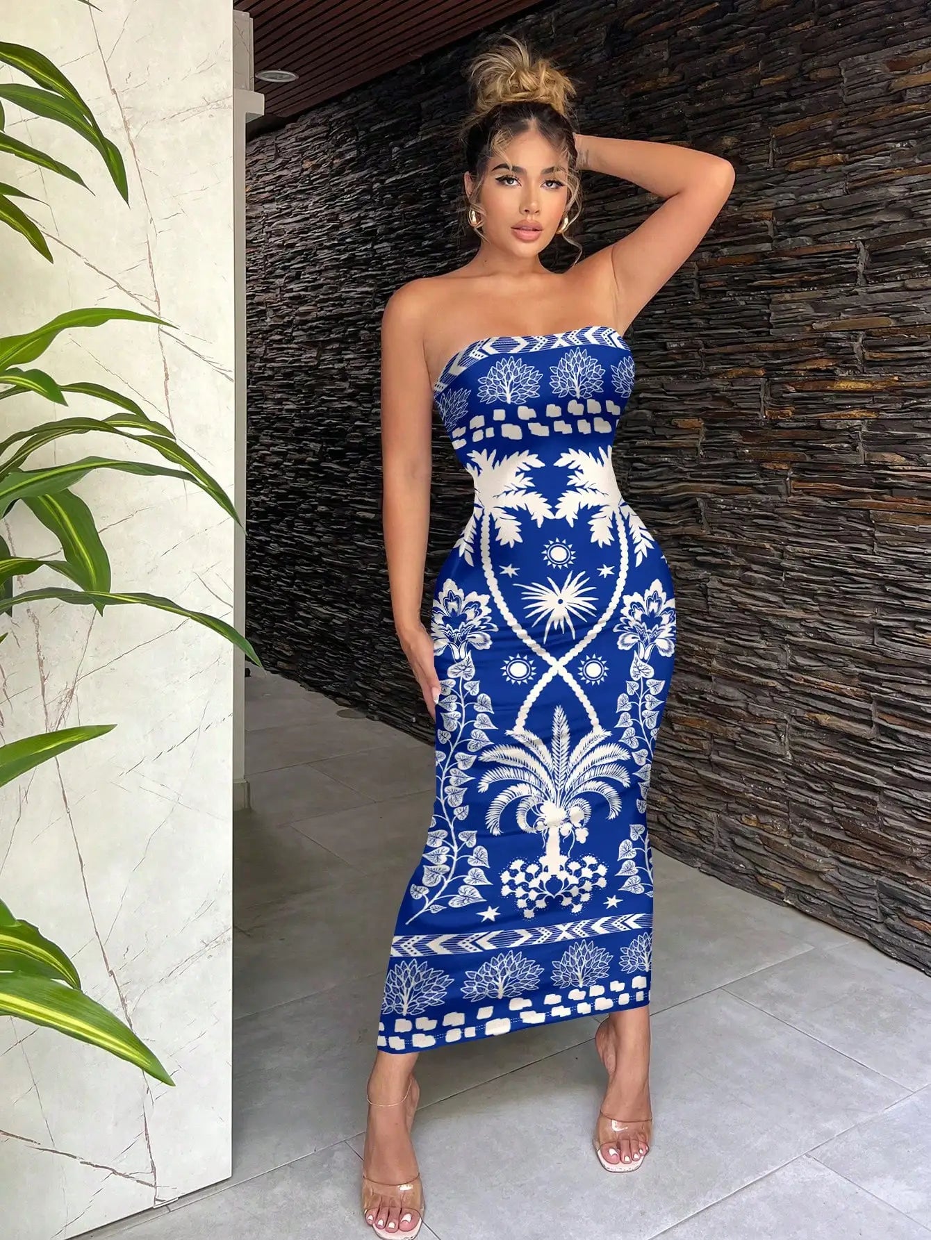 Sexy Retro Bohemian Green Tropical Print Strapless Bodycon Midi Dress For Vacation Beach Resort