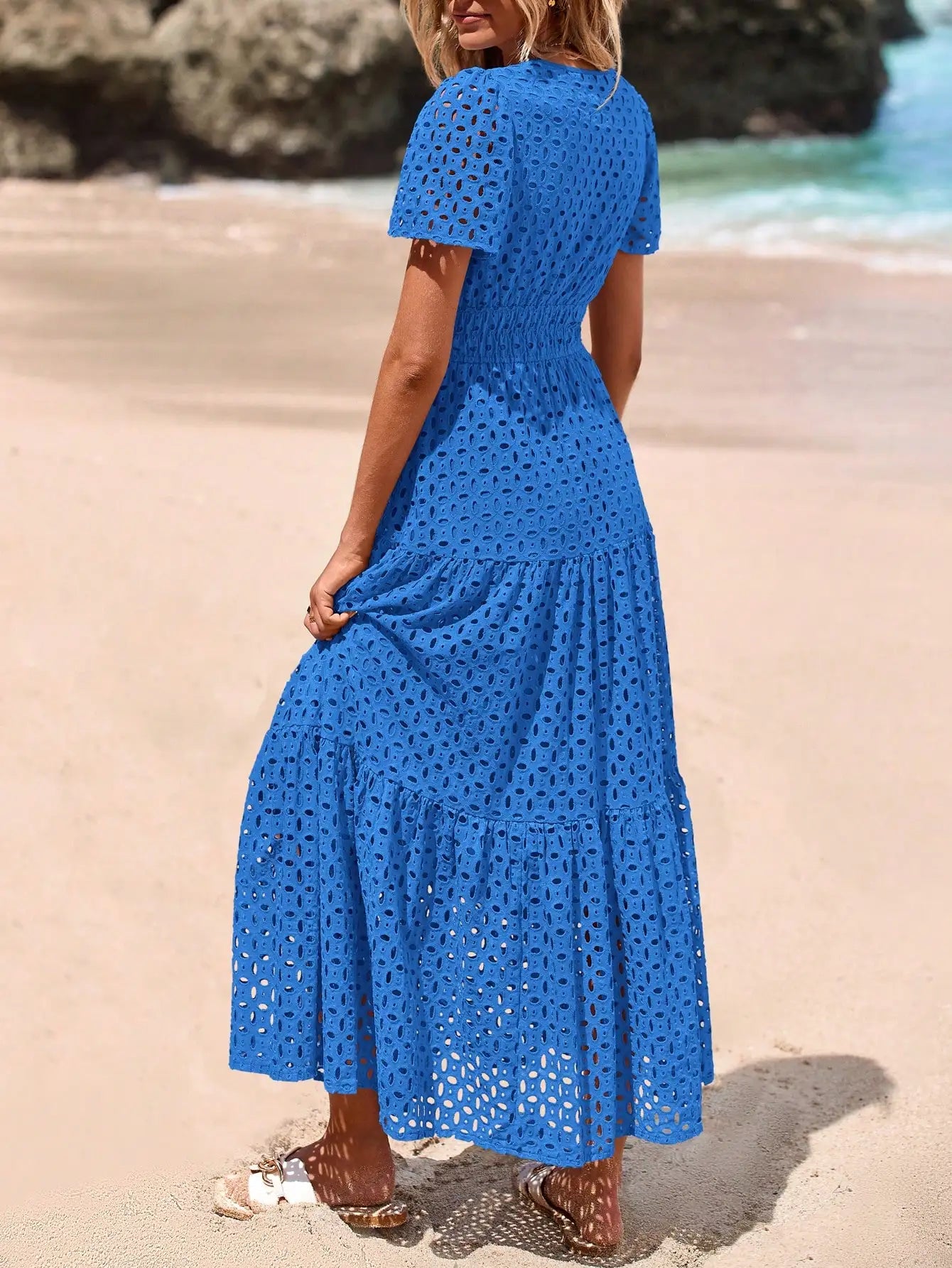 Women's Blue Eyelet Maxi Dress with V-Neck, Short Sleeves, A-Line Flowy Skirt