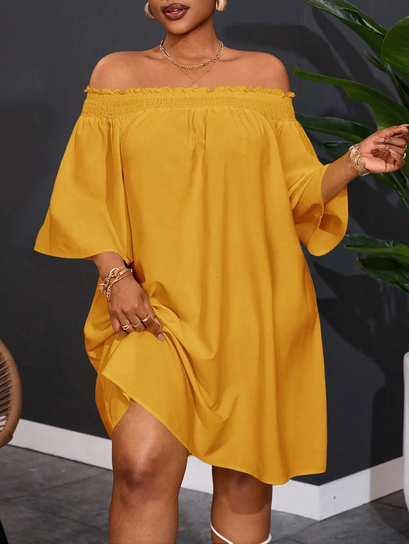Off Shoulder Orange A-Line Dress For Women Summer Casual Vacation Outfit